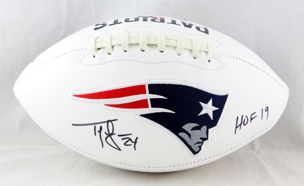 Ty Law Autographed New England Patriots Logo Football w/HOF - Beckett Auth *Black