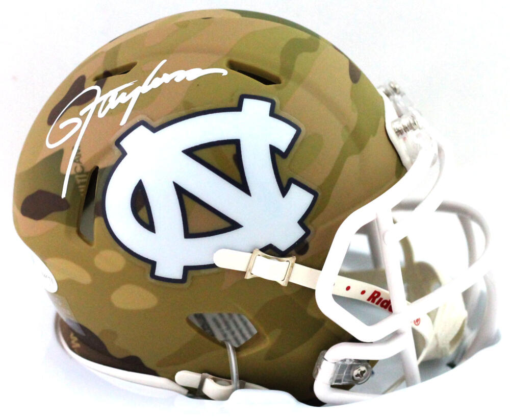 Lawrence Taylor Autographed North Carolina Camo Speed Mini Helmet- Beckett W *White